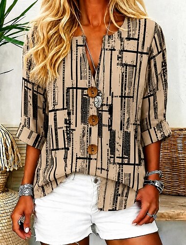 Mulheres Camisa Social Imprimir Gráfico Geométrica Listrado Elegante Vintage à moda Manga Longa Meia Manga Decote V Tops longos Casual Diário Feriado Branco Marron Verão Primavera