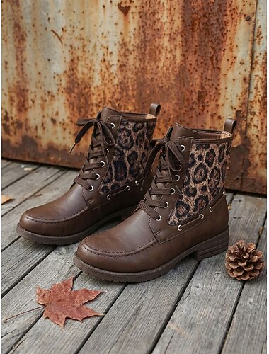  Bruine damesenkellaarsjes met luipaardprint, vetersluiting en mocassinneus - vintage combatlaarsjes voor casual outfits en op reis. &wandelingen op het platteland