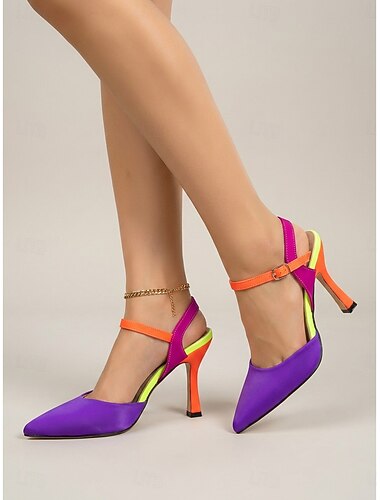  Women's Color Block Heels - Neon Purple Orange Pointed Toe Pumps for Party, Elegant Dress Shoes and Fashion Event