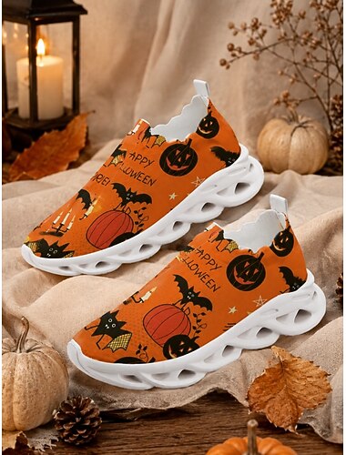  női narancssárga halloweeni kötött cipők, tökmintás könnyű sétacipő lélegző, párnázott talppal jelmezbálokra, vidéki sétákra &mindennapi viselet