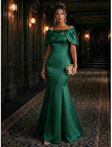  Meerjungfrauen-/Trompetenabend Bodenlang Abendkleid Elegant Abendkleid mit Empire-Taille Kurzarm Quadrathals Hochzeit Formell Satin mit Kristalle Perlenstickerei Einfarbig