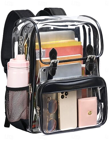  Zaino trasparente per donne e ragazze, zaino scolastico trasparente color crema con patta con fibbia, organizer multi-tasca e portaborraccia laterale, ideale per università, stadio, viaggi e uso