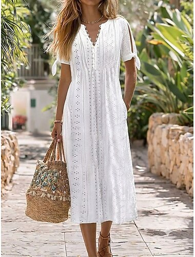  Damen Midikleid Boho-Kleid A Linie Kleid Sommerkleid Elegant Urlaub Hawaiianisch Strand Date Normale Passform Einfach Kurzarm V Ausschnitt Weiß Schwarz Sommer Frühling