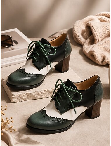  Dámské zeleno-bílé oxfordské boty brogue - vintage lodičky s křídlovými špičkami a šněrováním na robustním podpatku pro pouliční styl a každodenní nošení