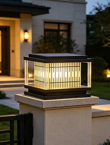  Poste de luz, luminária de poste para cerca, luminária de poste LED solar, luminária de poste para jardim externo, luz branca quente, lanterna de poste moderna à prova d'água IP65, para pátio, cerca, portão de casa.