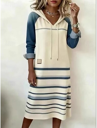  Dames Halflange jurk Hemdjurk Atletische jurk Vakantie Casual Dagelijks Sport Afspraakje Geometrisch Lange mouw Capuchon Wit Zwart Herfst Winter