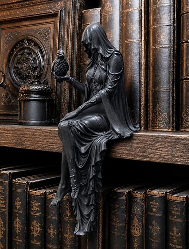  Statuette gothique d'Halloween représentant un corbeau, symbole de mystère, de sagesse et d'élégance sombre. Figurine de femme assise à capuche, sorcière tenant un corbeau.