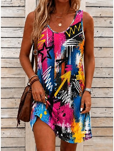  Femmes Mini Robe Robe d'Été Robe trapèze Robe d'été Vacances Occasionnel Boho Plage Soirée Mariage Mince Fleuri Graphique Sans manches Col en V Col en U Bleu Fuchsia Kaki Été Printemps Automne Hiver