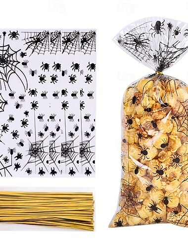  100 pezzi, confezione regalo piatta in cellophane trasparente a tema Halloween con stampa di ragno nero, completa di laccetti.
