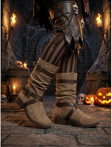  Stivali da donna color kaki stile pirata, a metà polpaccio, morbidi e con cinturino con fibbia in metallo color bronzo vintage &Stivali da cosplay in similpelle marrone a contrasto, perfetti per feste