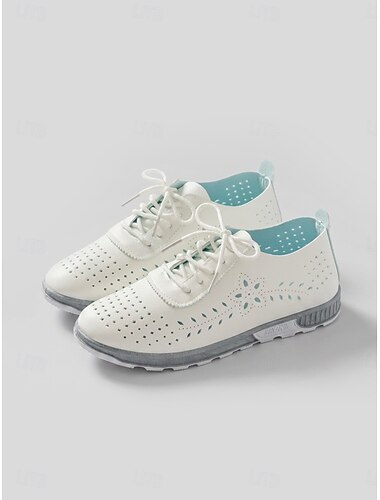  Zapatos blancos de mujer con cordones, estampado floral perforado, diseño calado y transpirable, estilo oxford casual, ideales para ir al trabajo o de compras a diario. &recados de verano