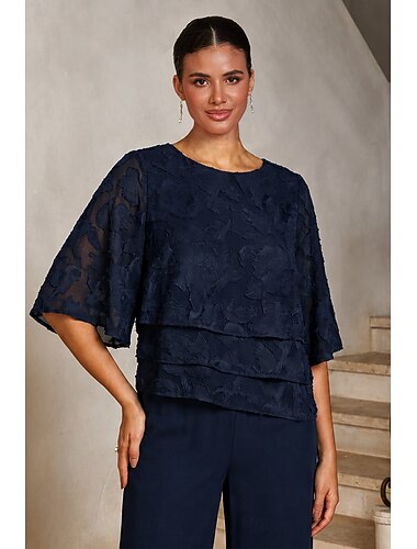  Dames Blouses Strakke ronde hals Halve mouw Flutter mouw Casual / Dagelijks Moeder van de bruid Bruiloft gast met Burnout Bloemen Gelaagde ruches aan de zoom Donker Marineblauw