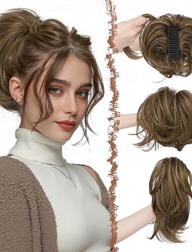  Extensões de rabo de cavalo curto com presilha - aplique de cabelo sintético flexível e macio para coque bagunçado, com efeito liso, para mulheres, em tons de castanho e loiro.