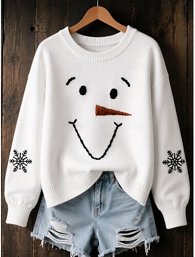  Damen Pullover Täglich Lässig Grafik Schneemann Gerippt Rundhalsausschnitt Gestrickt Druck Langarm Normale Oberteile Stricken Outdoor Wochenende Weiß Herbst Winter
