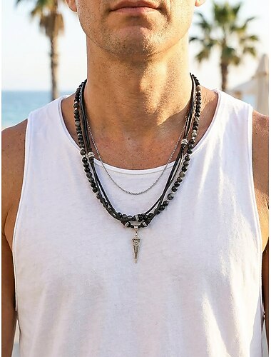 Herenketting van zwart onyxkleurig leer met meerdere lagen, bohemian etnische driehoekige hanger en kralenketting, perfect voor vakantie, festival, strand, casual gelegenheden en reizen.