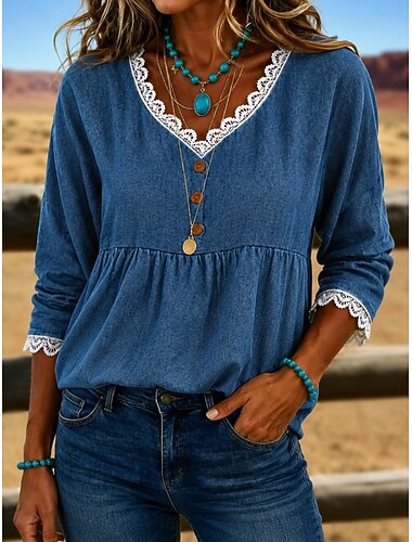  Mulheres Camisa Social camisa Boho Camisa de renda Camisa casual Guarnição do laço Côr Sólida Elegante Boêmia Diário Manga Longa Decote V Tops regulares Casual Diário Feriado Azul Primavera Outono