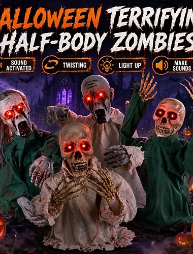  Décoration d'Halloween 2026 : squelette animatronique à moitié articulé, activé par le son, avec yeux rouges lumineux et effets sonores effrayants. Fonctionne avec des piles AAA.