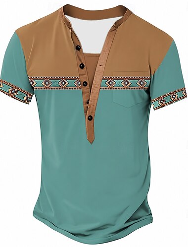  T-shirt henley pour homme, style ethnique tribal, en polyester, manches courtes, basique, design, idéal pour l'extérieur, décontracté, été, bleu lac, noir, vert clair, bleu foncé, bleu clair, style henley.