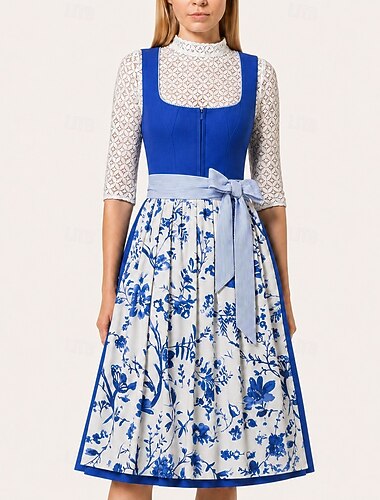  Oktoberfest Dirndl-jurk Midi-lengte Met zakken Balconette-halslijn hulp in de huishouding Romantisch Bavarian Duits Weiden Dames Vakantie Carnaval Bierfestival Doek in traditionele stijl Zonder