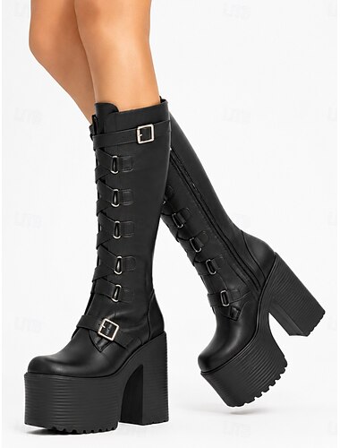 Schwarze Gothic-Plateau-Kniestiefel für Damen – Punk-Stiefeletten mit mehreren Schnallenriemen und klobigem Blockabsatz für Halloween-Kostüme und Streetstyle