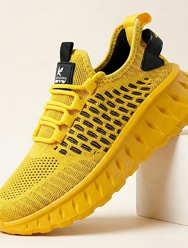  herr gula snörningsneakers, andningsbara, grov sula, atletisk modell för unga män, gym, promenader, resor och streetwear