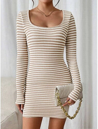  Damen Minikleid Shiftkleid Pulloverkleid Klassisch Lässig Täglich Urlaub Schlank Gestreift Langarm U-Ausschnitt Aprikose Herbst Winter