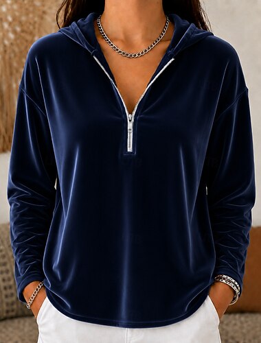  Damen-Samt-Kapuzenpullover mit Viertelreißverschluss – weicher Pullover mit Kragen