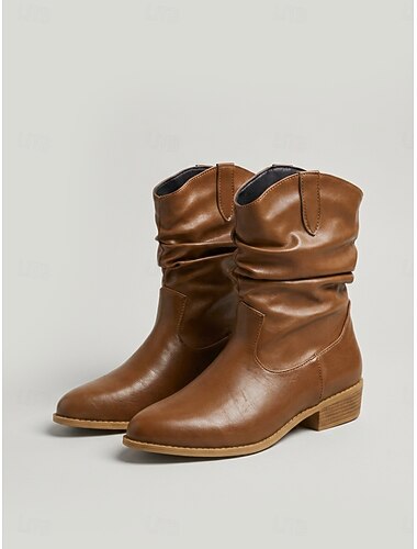  Botas femininas marrons de cano médio com modelagem folgada - botas clássicas de bico redondo e salto baixo em couro sintético, ideais para passeios casuais e viagens. &roupa para uso diário