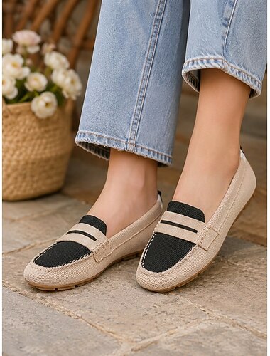  Dames penny loafers van ademend gebreid materiaal met kleurblokken, lichtgewicht instapschoenen met een flexibele comfortabele zool voor dagelijks gebruik, reizen, winkelen en andere gelegenheden.