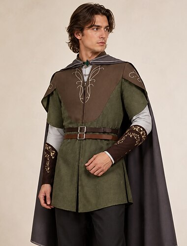  Conjunto Vintage Medieval Renacimiento Pantalones Capa Chaleco con accesorios Larga élfico Disfraz Hombre Fantasía Víspera de Todos los Santos Carnaval Feria del Renacimiento LARP Adulto Disfraz