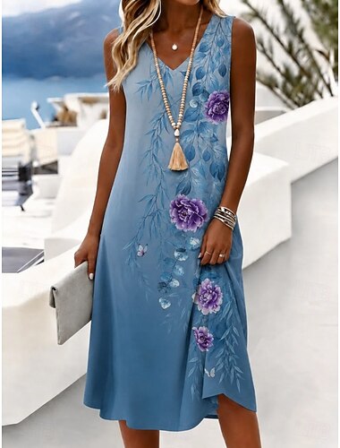  Dames Halflange jurk Zonnejurk A lijn jurk Off-the-shoulder jurk Vakantie Strand Feestdagen Normale pasvorm Bloemig Grafisch Mouwloos V-hals blauw Geel Paars Zomer Lente