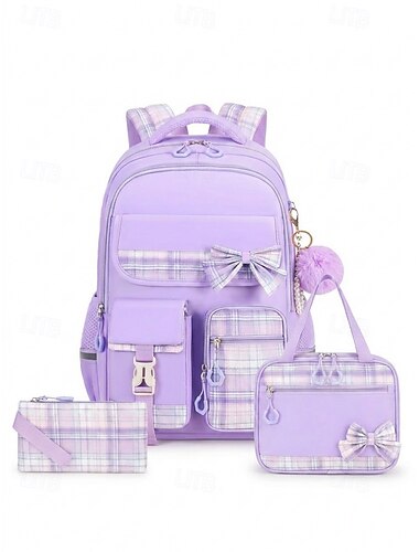  Mochila a cuadros para niñas, conjunto de 3 piezas, varios colores, mochila escolar de poliéster resistente al agua con bolsa para el almuerzo. &Estuche para lápices, mochila de gran capacidad con