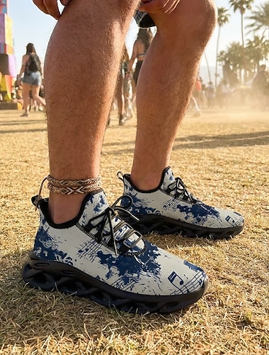  Heren hardloopsneakers met blauwe spetterprint en muzieknotenmotief - comfortabele casual schoenen met ademend mesh bovenwerk. &Schokabsorberende, golfabsorberende, holle en dikke zool voor