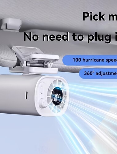  Langaton auton tuulettimen pidike aurinkovisiiriin, ladattava akkukäyttöinen kannettava jäähdytystuuletin 100 nopeudella, 360° säätö LED-näytöllä varustettu henkilökohtainen pieni tuuletin ajoneuvoon,