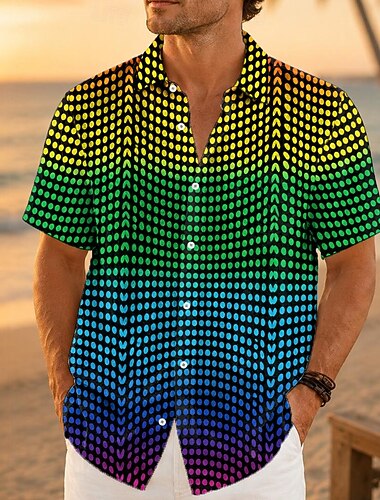  Herren Geometrisch Linie Abstrakte Kunst Hemd Sommerhemd Knopfhemd Kurzarm Modisch lässig Outdoor Strandurlaub Sommer Frühling Umlegekragen 3D-Druck Hemden mit Knopfleiste Gelb Rote Grün