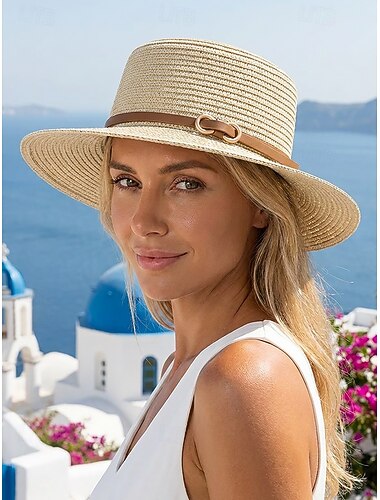  Damehatt med strå og flat brem, flerfarget sommersolhatt med beltespenne, til strandferie, hagefest, bryllupsgjest