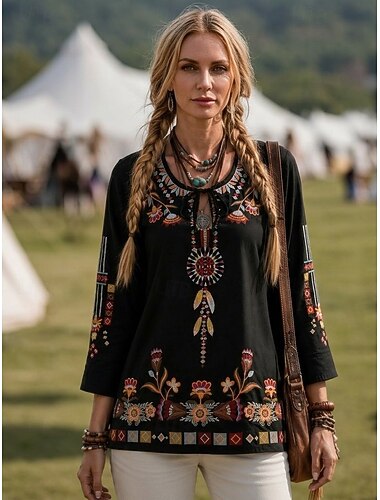  Damesblouse/tuniek van 100% katoen met borduursels, boho-stijl, bloemenprint, elegant, bohemian, geschikt voor vakanties, 3/4 mouwen, lange top, casual, zwart, zomer, lente, herfst, winter