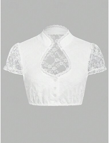  Oktoberfest Blusa con falda acampanada Encaje Tobilleros Escote Chino Escote con abertura en forma de ojo de cerradura Mangas casquillo Mucama bávaro alpino Herencia prados Mujer Carnaval Festival de