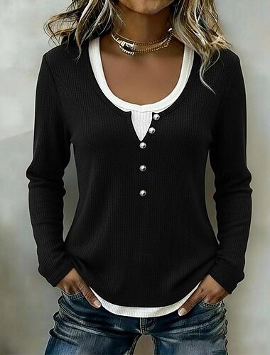  Mulheres Suéter de gola alta Suéter de malha Vintage Decote U Patchwork Botões Manga Longa Tops regulares Tricotar Branco cor laranja Primavera