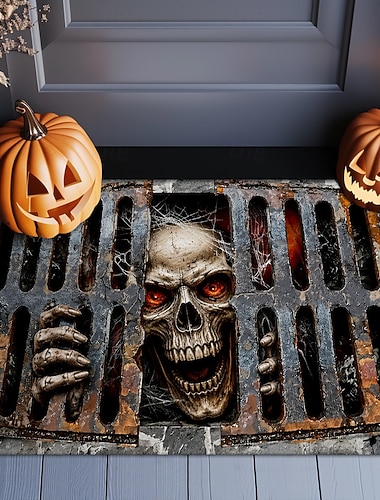  Zerbino di Halloween con illusione ottica 3D, scheletro, prigione, zerbino per porta d'ingresso in metallo arrugginito, teschio, tappeto per interni ed esterni, decorazione inquietante per il portico