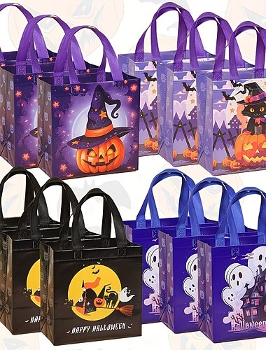  Sacs cadeaux d'Halloween, lot de 12 sacs à friandises non tissés décorés de chapeaux de sorcière, de citrouilles et de maisons hantées, réutilisables pour les bonbons, la chasse aux bonbons et