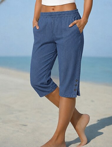  Mulheres Jeans Ganga Calças Capri chinês Férias Básico Casual Comprimento do joelho Cintura Média Tecido Bolsos Cintura elástica Conforto Respirável Diário Ao ar livre Férias Azul Preto Azul Marinha