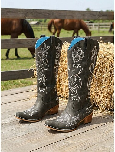  Stivali da cowboy western da donna grigi con ricami floreali - stivali da cowgirl a metà polpaccio con tacco a blocco, stivali country vintage per concerti, ranch, festival e per tutti i giorni