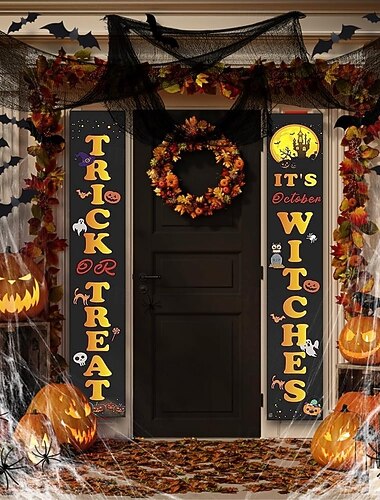  28 deler Halloween-verandadekorasjonssett, knask eller knep-opphengende bannere, skummelt stoff, spindelvev, 3D-flaggermus &edderkopper for utendørs innendørs inngangsdør hjemmefestdekor,