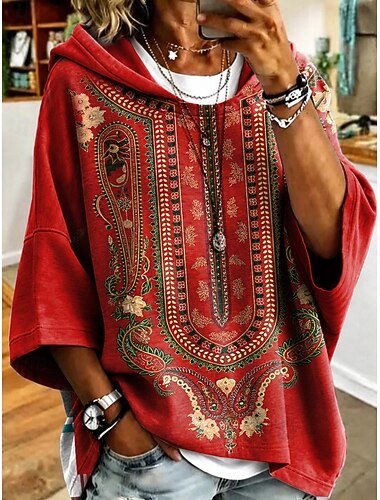  Dam Pullover Hoodie Sweatshirt Mönster Grafisk Geometrisk Paisley Ledigt 3/4 ärm Huva Vanliga toppar Ledigt Gata Vardag Blå Rubinrött Vår Höst Vinter