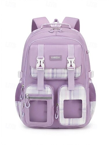  Zaino da bambina a quadri rosa e viola, borsa scolastica in poliestere resistente all'acqua con scomparti multipli e grande capacità, disponibile in 2 misure, zaino da viaggio per bambini delle