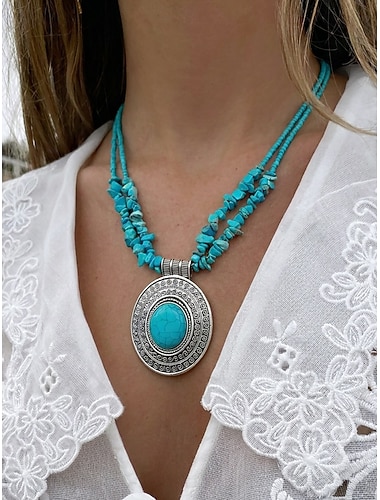  Ronde boho hanger ketting voor dames, gemaakt van legering. &Turquoise kralen statement ketting, blauw en bruin sieraad in vintage stijl, perfect voor strandvakantie, festival, feest of reis.