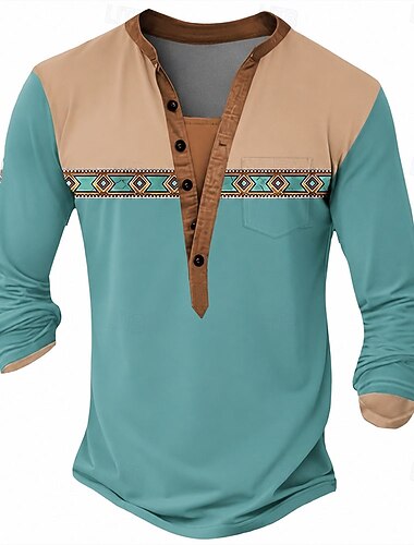  T-shirt Henley ethnique géométrique pour homme, manches longues, en polyester, style décontracté, été, printemps, automne, bleu lac, gris foncé, noir, vert, bleu clair.