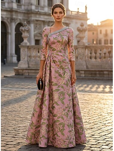  A-Linie Bodenlang Abendkleid Abendkleid Elegant Blumen Mutter der Braut Dreiviertelarm U-Boot-Ausschnitt Abendgesellschaft Hochzeit Jacquard Tiefer Wasserfall-Rückenausschnitt mit Strass Falten
