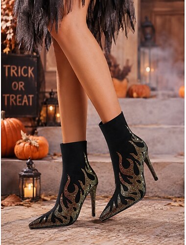  Naisten mustat stilettosukat strassikoristeella - teräväkärkiset korkeakorkoiset nilkkurit halloween-teemajuhliin, cosplay-asu